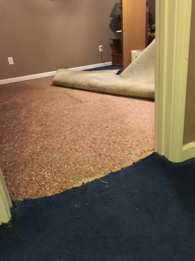 Carpet pad removal revealing water damage during Drying & Dehumidification in Putnam